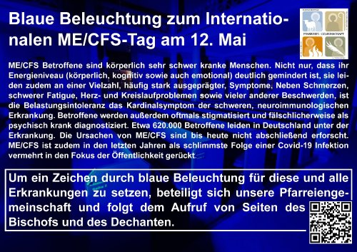 Blaue Beleuchtung zum Internationalen ME/CFS-Tag am 12. Mai